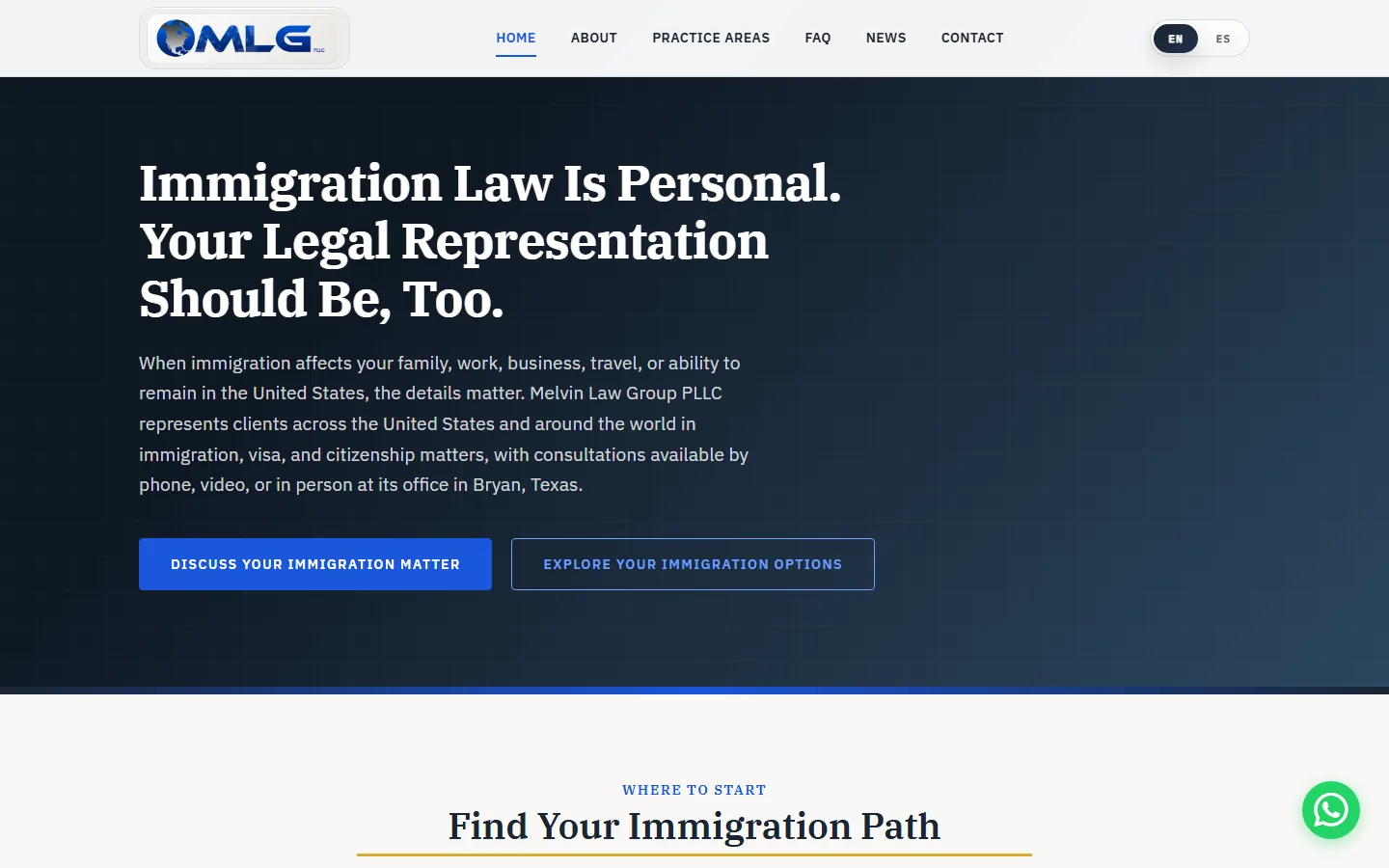 The new Melvin Law Group home page on a computer, with the headline Immigration Law Is Personal and two buttons